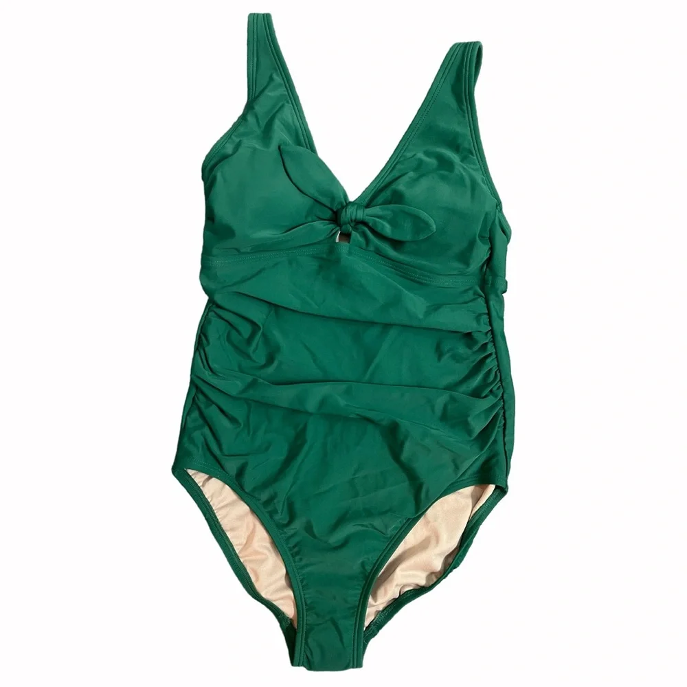 Kona Sol, Women’s, Swimsuit, Green Tie Front, Full Coverage, Ruched, One-Piece. - Picture 3 of 8